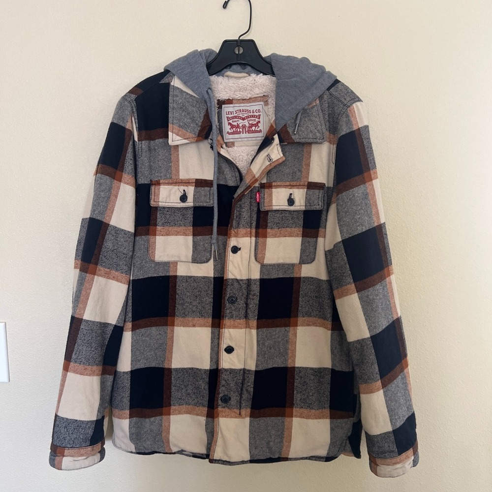 Levi's Flannel Lined Jacket Men Size S Brown Gray Plaid Hooded Sherpa Coat